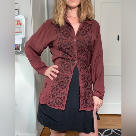 Vintage 90s Embroidered Papillon tunic button up- Size XS/S - Picture 1 of 11